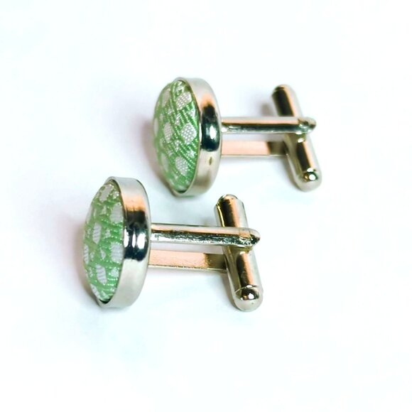 Green & White Patterned Fabric Cufflinks With Silver Tone Metal Finish - Picture 4 of 5